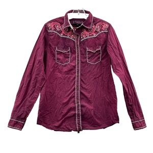 Cowgirl Legend Shirt Women Medium Burgundy Rhinestone Western Y2k Rodeo Workwear